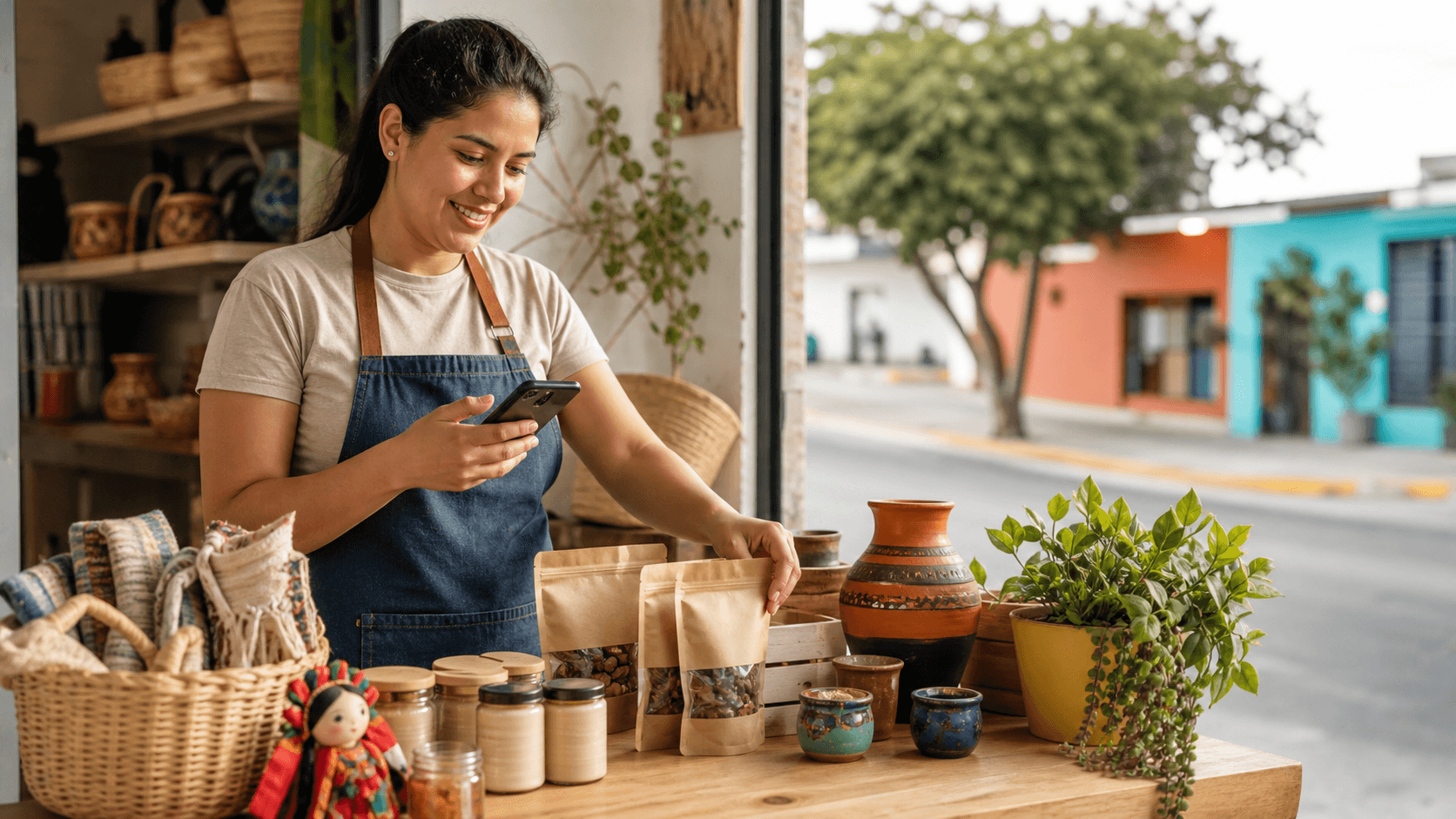 Vendedora local preparando productos para compartirlos en línea